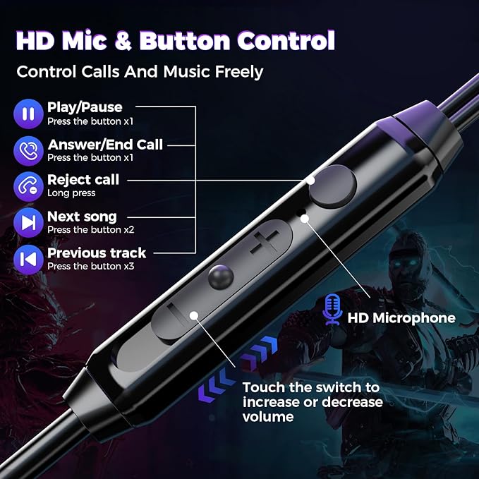 BlueFire Wired Gaming Earbuds with Microphone, Deep Bass in-Ear Monitors Earphones, HiFi Noise Cancelling Headphones for Music Gaming Video Calling