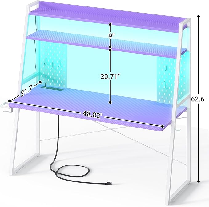 Besiost Gaming Desk with Hutch and LED Lights, Gaming Computer Desk with Power Outlets, Gamer Desk with Storage Shelves, PC Gamings Desk with Pegboards for Bedroom, Carbon Fiber Purple, 49"