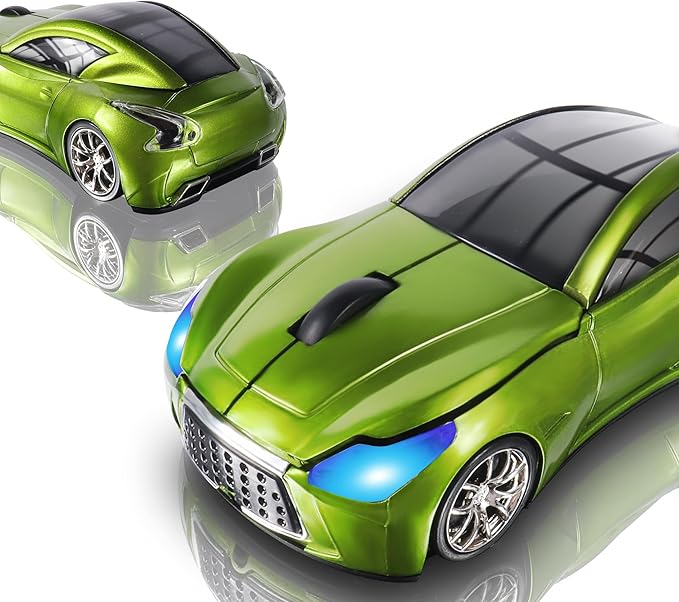 Elec Space Wireless Car-Shape Mouse With LED Headlights, 2.4G Unique for Kids, USB Receiver, 1600 DPI Cute Gaming for Laptop PC Computer - Green