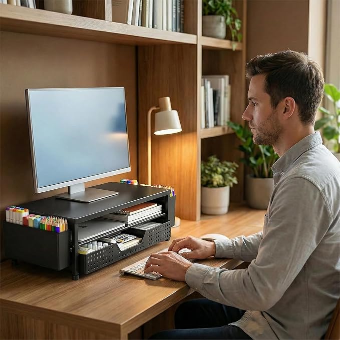 ECOLOVI Desk Organizer and Accessories, 2-Tier Computer Monitor Stand Rise with Storage Drawer & 2 Pen Holders, Laptop & Printer Stand for Desktop, Workspace Organizers for Office Supplies (Black Wood)