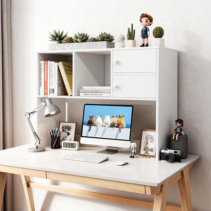 YGYQZ White Wood Desk Hutch, 176LB Strong Bearing Capacity, Freestanding Desktop Organizer with Storage Shelf, Space Saving Shelf for Home Office, Study Room, Dorm, Gaming Desk