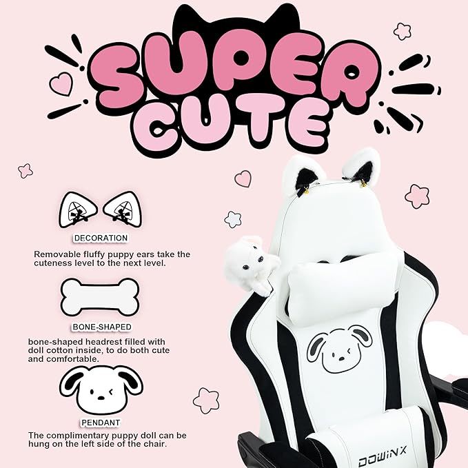 Dowinx Gaming Chair Cute with Plush Doggy and Massage Lumbar Support, Ergonomic Computer Chair for Girl with Footrest and Headrest, Comfortable Game Chair 290lbs for Adult, Teen, Black and White
