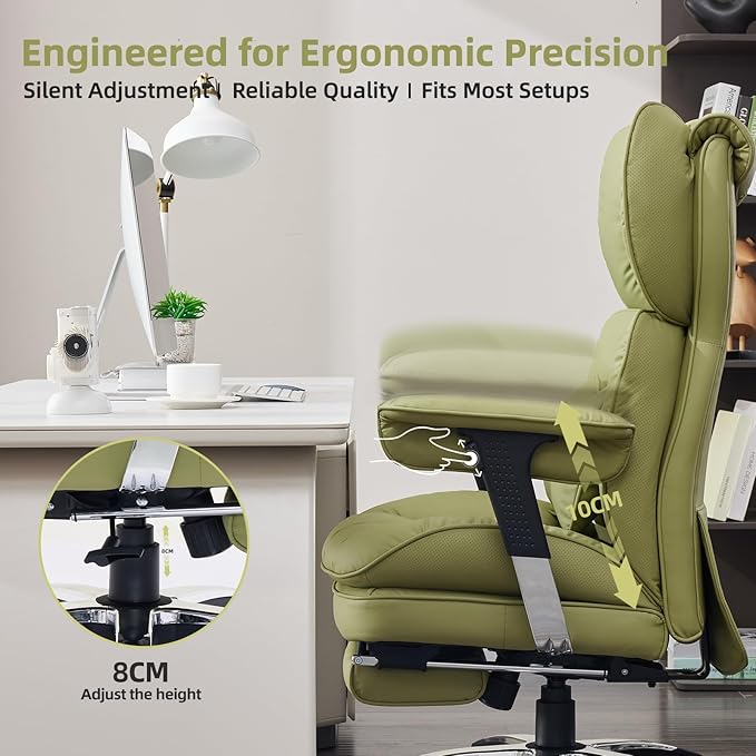 Efomao Desk Office Chair, X-Embroidery Big and Tall PU Leather Home Chair, Adjustable High Back Computer Gaming Chair, 200kg Swivel Executive Office Chair with Footrest and Lumbar Support, OLIVE GREEN