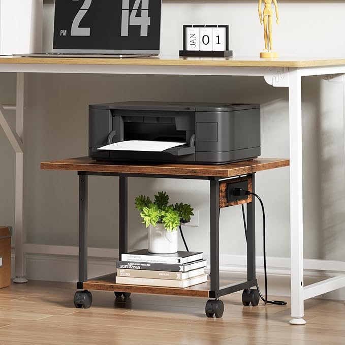 Asgolion Printer Table, 2-Tier Under Desk Printer Stand with Charging Station, Printer Stand with Wheels, Printer Shelf for Small Spaces, PrinterCart for Home Office Rustic Brown
