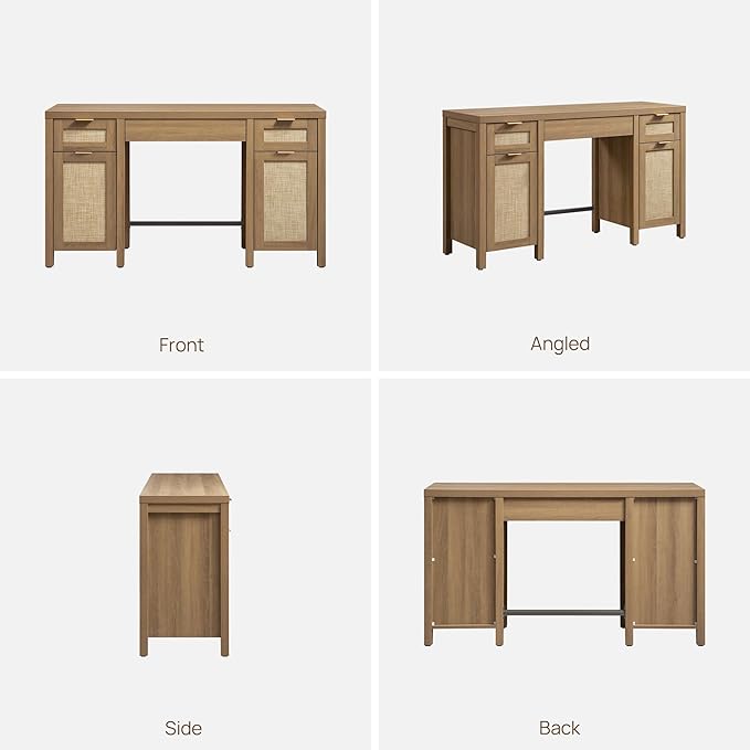 SICOTAS 52" Rattan Home Office Desk with 3 Drawers: Boho Executive Desk with 2 Storage Cabinets, Large Computer Writing Table for Study, Office, Living Room