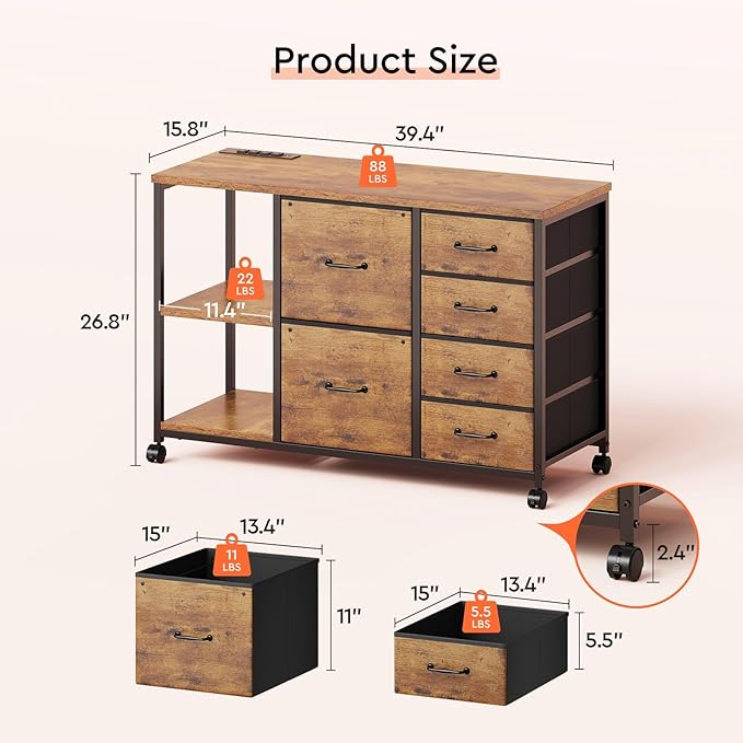 Maihail 6 Drawer File Cabinet with Charging Station Rolling Printer Stand with Open Storage Shelf Fabric Lateral Filing Cabinet for Home Office,Rustic Brown2
