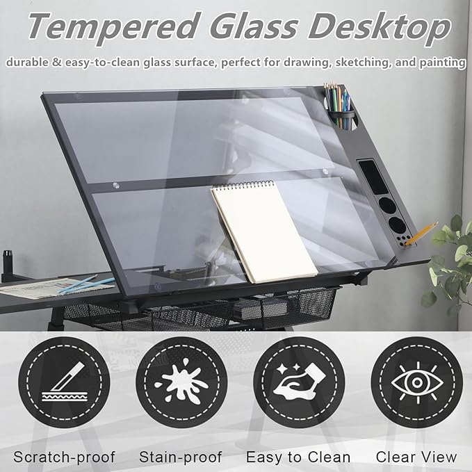 Drafting Table, 0-75° Tilting Glass Tabletop Drawing Table with Stool - Adjustable Height Art Desk with Multi-Storage for Sketching and Painting - Perfect for Artists and Hobbyists, Black