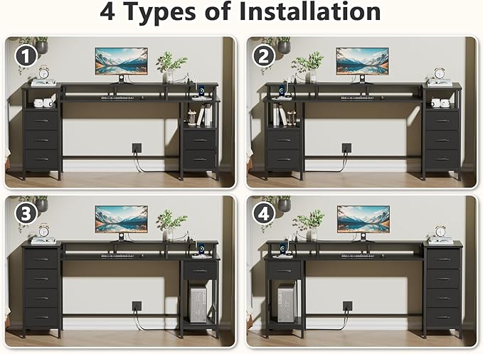Korfile 61 Inch Computer Gaming Desk with Power Outlets & LED Lights Reversible Home Office Desk with Adjustable 5 Fabric Storage Drawers for Working Writing Study, Black