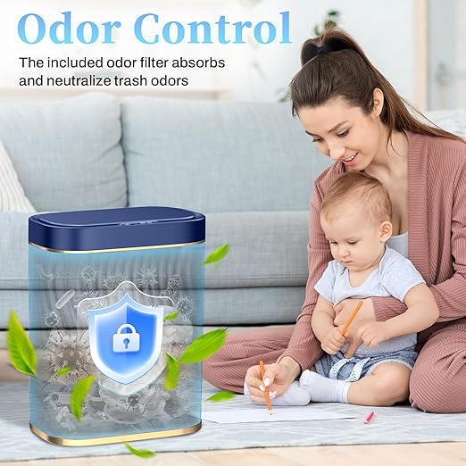 steo spce Bathroom Small Trash Can with Automatic Touchless Lid, 2.6 Gallon Smart Garbage Can Narrow Waterproof Trash Bin for Bedroom, Office, Living Room (Dark Blue)