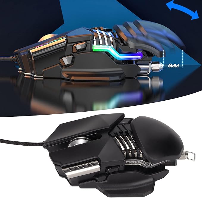 Gaming Mouse, 12800 DPI Mechanical Aesthetic Design Retractable Adjustment RGB Water Cooled Lighting Effect Wired Mouse Electroplated Rollers Metal Brushed Base PC Gaming Mice with Base DPI Cycle Key