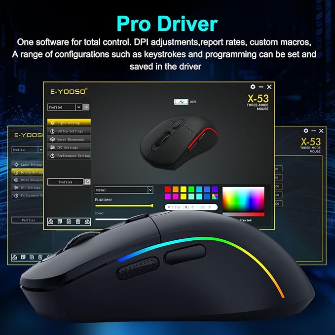 E-YOOSO Wireless Gaming Mouse, 10,000 DPI, Tri-Mode 2.4Ghz/Bluetooth/USB-C Wired, RGB Backlit, 6 Programmable Buttons, Ergonomic Rechargeable Gamer Mice with PC, Mac, PS, Xbox - Black