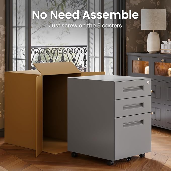 Dripex 3 Drawer Grey File Cabinet, Mobile Under Desk Storage File Cabinet with Lock on Wheels, Fully Assembled, Letter/Legal Size, Small Short Vertical Metal Rolling Filing Cabinets for Home Office
