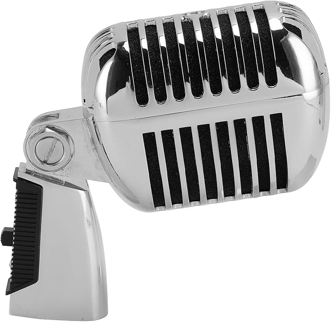 Classic Retro Microphone, Vintage Dynamic Microphone, Zinc Alloy Self Tensioning Rotating Rack, Unidirectional Cardioid Mic, Universal Stand Compatible (Silver)