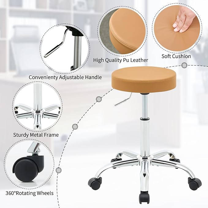 FIRAVOE Office Desk Chair, Adjustable Swivel Rolling Stool 19.5’’-26.6’’,Camel Brown Desk Stool with Wheels (Camel Brown)