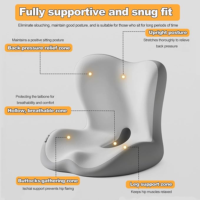 Black,Back and Seat Cushion, 2025 New Ergonomic Non-Slip Memory Foam Seat Cushion with Back Support, L-Shaped Breathable Seat Cushions for Car, Office, Home