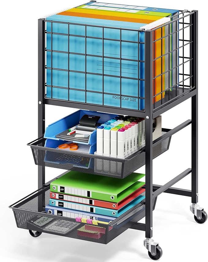 TOOLF 3-Tier Rolling File Cart, Metal Storage Drawer Cart with 2 Sliding File Trays, Adjustable Rod for Hanging Various File Sizes, File Organizer Cabinet on Wheels, for Office, Home, Classroom, Black