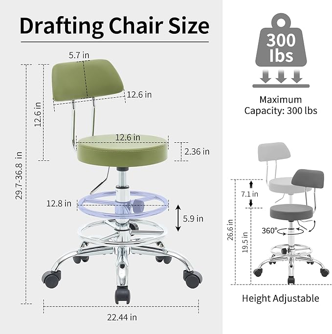 FIRAVOE Drafting Chair (Work Stool with Back)(Swivel Shop Stool 19.5"-26.6") Adjustable Height and Footrest Ergonomic Office Chair (Green)