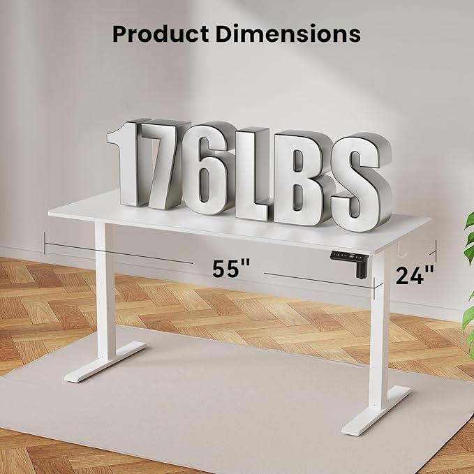 WALKINGDESK 55x24 Inches Height Adjustable Electric Standing Desk with 2 Hooks for Home Office, Ergonomic Sit Stand up Desk with Splice Board, White