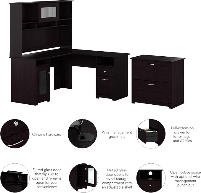 Bush Furniture Cabot 60W L Shaped Desk with Hutch and Lateral File Cabinet in Espresso Oak