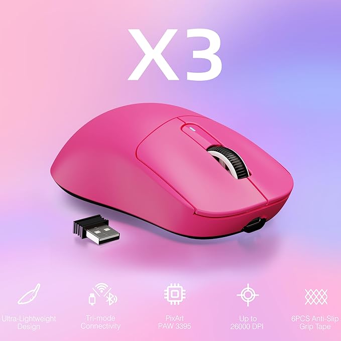 ATTACK SHARK X3 Lightweight Wireless Gaming Mouse with Tri-Mode 2.4G/USB-C Wired/Bluetooth,Up to 26K DPI, PAW3395 Optical Sensor,Kailh GM8.0 Switch,5 programmable Buttons for PC/Win/Mac(Berry Red)
