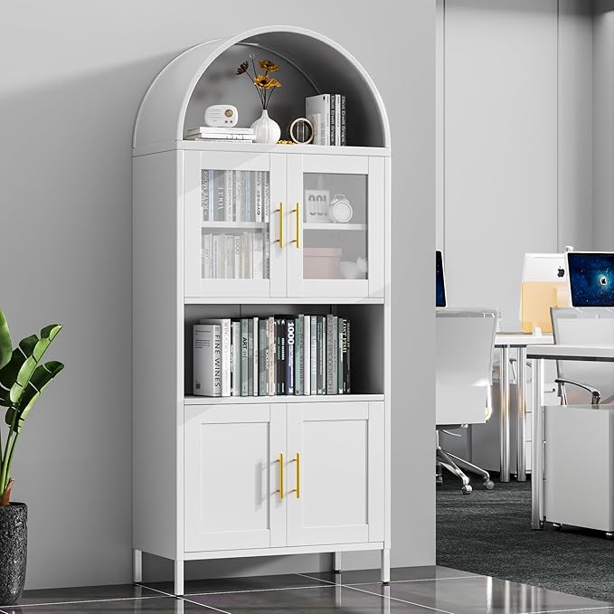 VEXPOR 73" Tall Arched Kitchen Pantry Cabinet with Doors, Metal Arched Hutch Cabinet for Kitchen, Dining Room, Living Room, Assembly Required, White