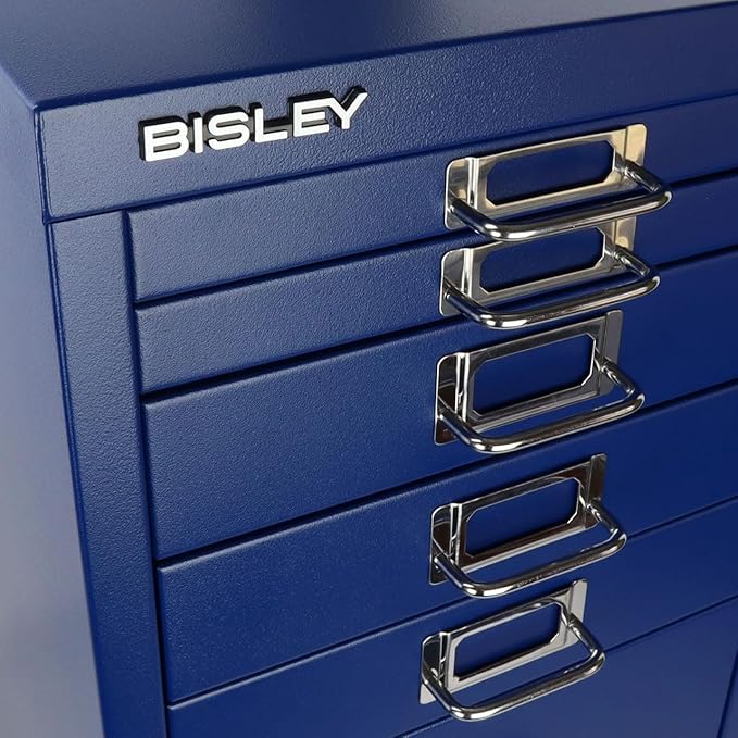 Bisley 8-Drawer Steel MultiDrawer Cabinet - Oxford Blue, Chrome Pull Handles with Label Holders, Powder-Coated Steel, Removable Drawers, Fits Under Most Desks, Labels Included