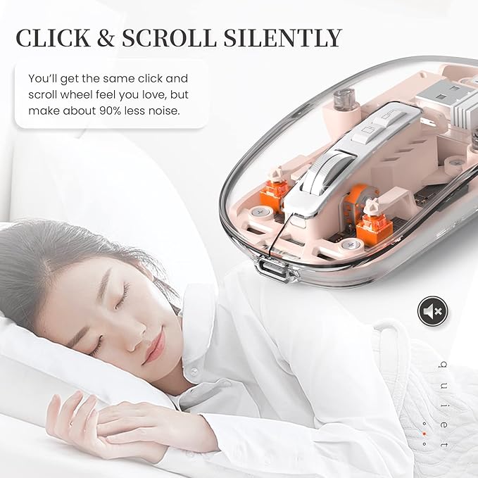 A.JAZZ Wireless Bluetooth5.1&2.4G Mini Lightweight Mouse,Transparent Clear Cool,Rechargeable Silent Computer Mice,Nano USB C Receiver,LED Battery Magic Silm for Office/PC/Mac/Laptop/Apple/ipad(Pink)