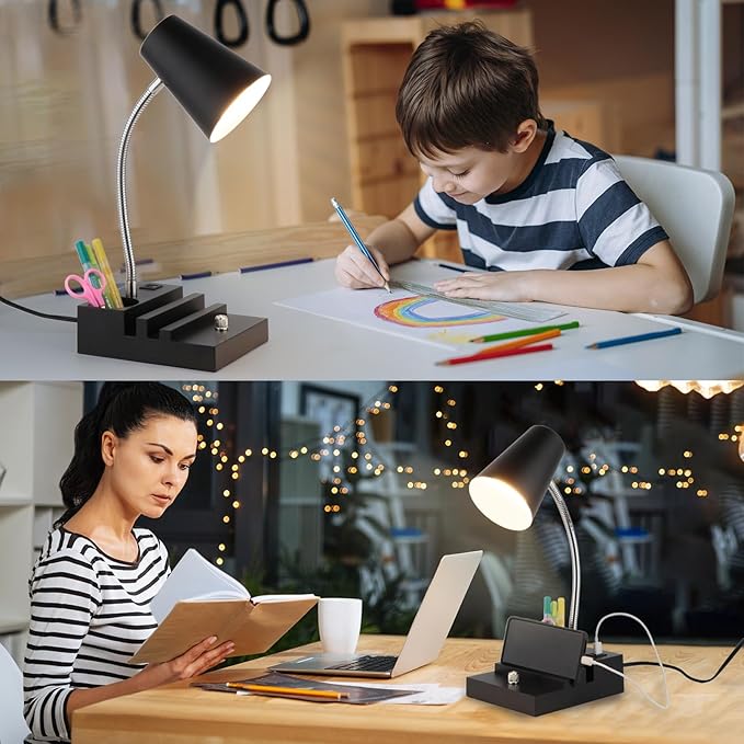 LALISU Study Desk Lamp with USB Charging and Type-C Night Light, Gooseneck LED Table Lamp Stepless Dimming Study Table Lamp with Pen Holder for College Dorm Bedroom and Office (Black)
