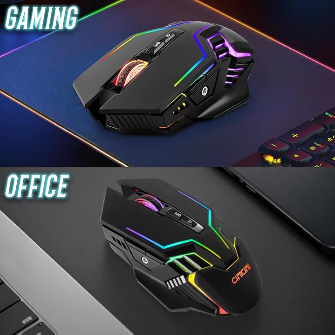 CHONCHOW Wireless Gaming Mouse for PC, RGB Backlit, 12 Light Modes, 2.4G Receiver/USB-C, Up to 3200 DPI, Rechargeable Wireless Computer Mice with 58inch Charge Cable for Laptop/Windows/PS4 Gamer-Black