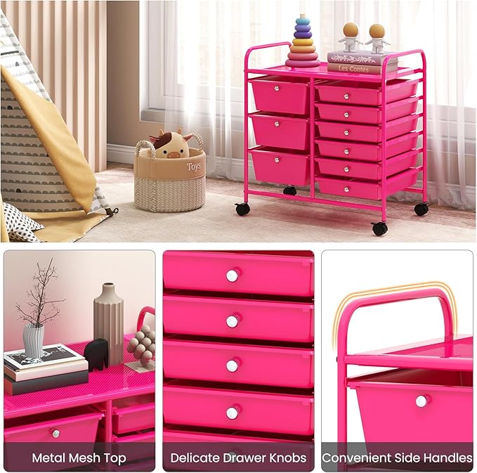 Moccha 9-Drawer Rolling Storage Cart - Under Desk Storage Drawers with wheels for Craft Art Supply Paper Salon, Scrapbook Paper Tools, Mobile Utility Cart for Classroom, Hot Pink