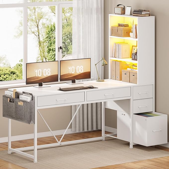 SEDETA Computer Desk with 5 Drawers and Bookshelf, Reversible Home Office Desk with Storage Shelves and File Drawer, Gaming Desk with LED Lights for Small Spaces, White