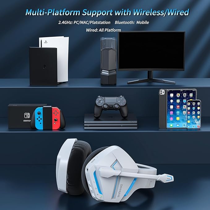 BINNUNE 2.4GHz Wireless Gaming Headset, Bluetooth 5.3 Gaming Headphones with Noise Canceling Mic, 120H Ultra-Long Battery, 50mm Drivers, Multi-Platform for PC / PS5 /PS4/ Switch/Mobile, White