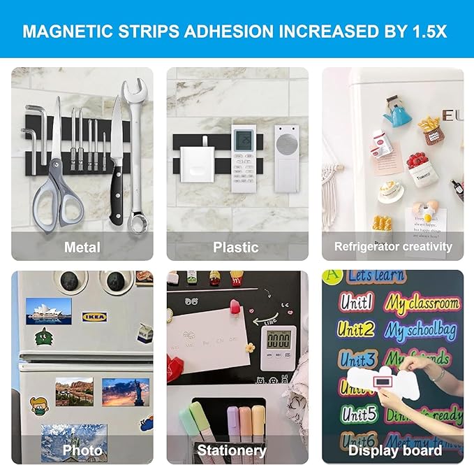 Magnetic Strips Tape with Adhesive Backing Magnet – Heavy Duty Magnets Strip, with 10Pcs Metal Stickers for Double Sided Self Sticky Non Metal, for Tool and Knife Strong Magnetic Wall Holder