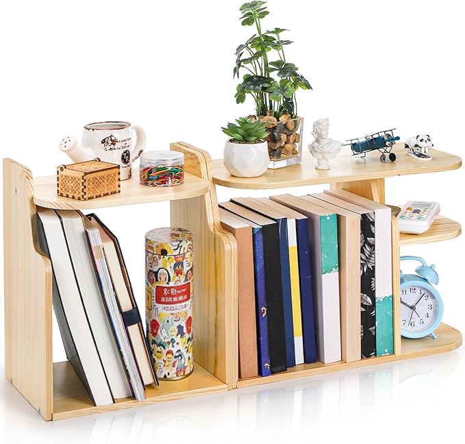 Desk Shelf Organizer, Adjustable Wood Desktop Organizers, Office Storage Rack, Small Tabletop Bookshelf, Freestanding Corner Display Shelf, Multi-Combination Desk Hutch for Dorm Home Study
