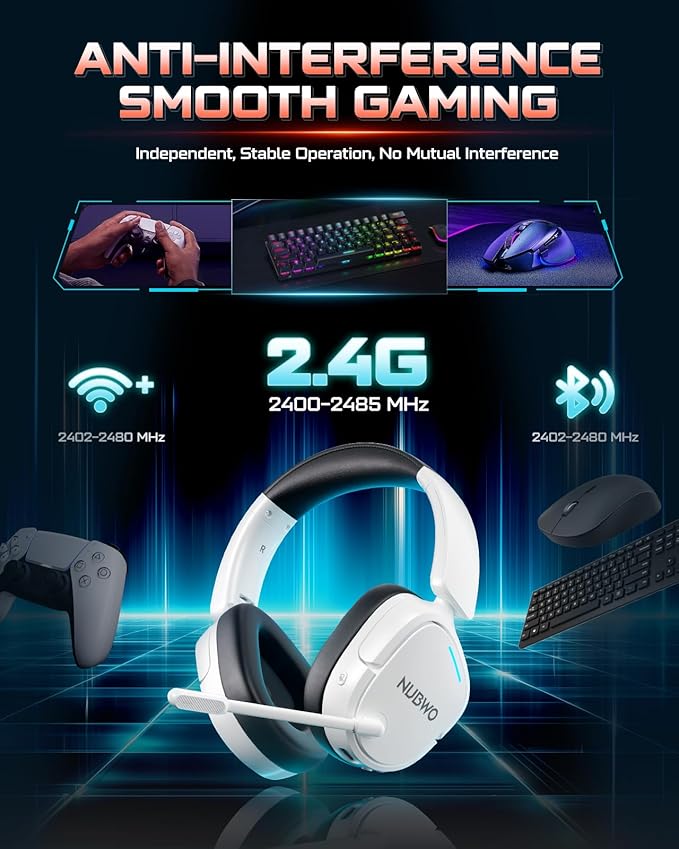 NUBWO Wireless Gaming Headset for PS5/PS4, PC, Laptop, Mac, 20ms Low-Latency, 80Hr, Zero Interference, PS5 Headset with 2.4GHz USB/Type-C, 7.1 Surround Sound, Bluetooth Gaming Headphones with Mic
