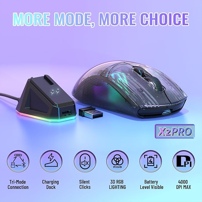 A.JAZZ Wireless Gaming Mouse with Full Transparent,Tri-Mode 2.4GHz/Bluetooth/Wired Mouse,Digital Display,Charging Base,3D RGB Backlit,Silent Mice with 7 Buttons,Wireless Mice for Laptop,PC,Mac(Black)