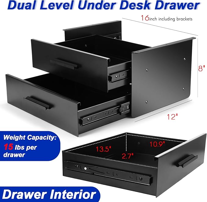 Menkxi 16 inch Under Desk Drawer Storage Pull out Storage Organizer Mounted Metal Sliding Hidden Under Counter Drawer Vertically Stacked for Office Sit Stand Workstation (2 Layer)