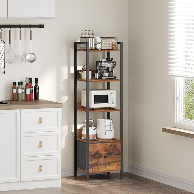 MAHANCRIS Bookshelf, 5-Tier Bookcase with Drawer, Small Book Shelf for Small Space, Storage Shelf Organizer, for Living Room, Bedroom, Study, Kitchen, Rustic Brown and Black BKHR55101