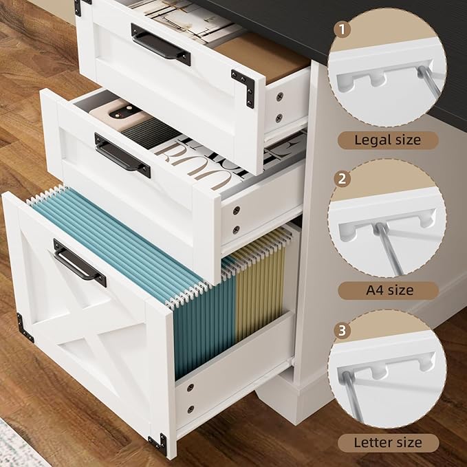 VOWNER 57" Farmhouse L Shaped Desk with Hutch, Executive Desk with Charging Station, Home Office Desk with Sliding Doors and File Cabinet, Wood Corner Computer Desk with Drawers for Home Office, White