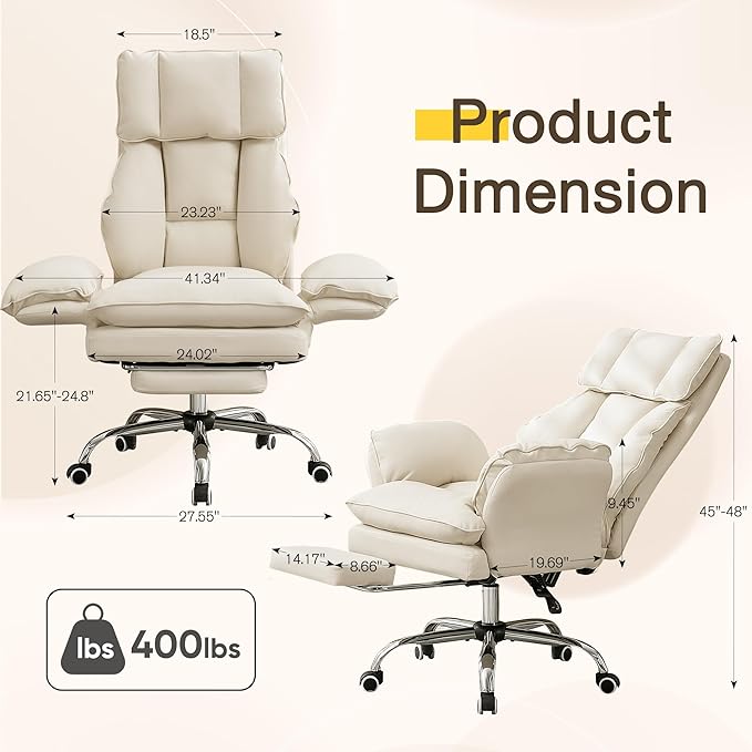 Ergonomic Cloud Cross Legged Office Chair with Footrest,Leather Big and Tall Executive Chair with Wheels,Reversible Armrest,155° Reclining Computer Wide Desk Chair for Home,Office (Beige)
