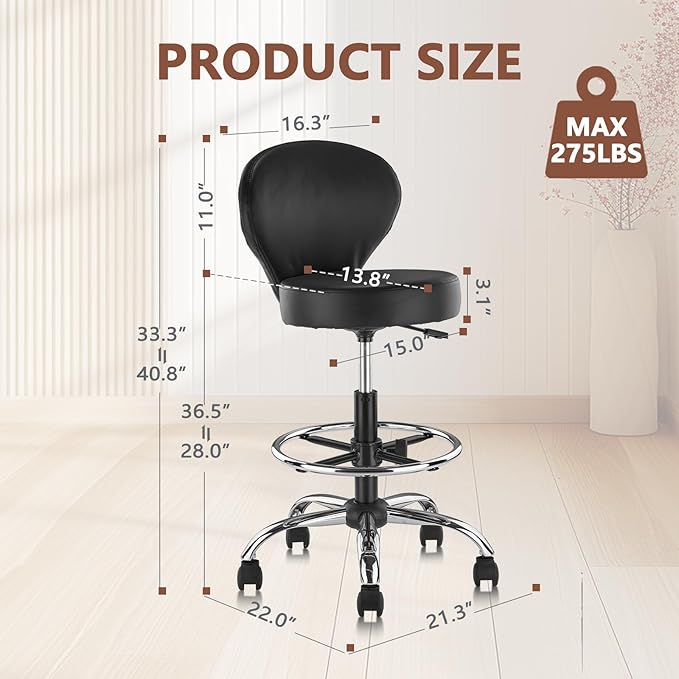 KLASIKA PVC Faux Leather Drafting Chair Rolling Swivel Salon Stool Seat Adjustable Height 30 Inch with Back Support Foot Rest Hydraulic Wide Seat Diameter 15 in for Tattoo Beauty Barber Lash