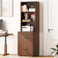 ONBRILL 71" Tall Fluted Bookcase with 2 File Drawers, Curved Design Display Bookshelf with Storage, Mid-Century Modern 3 Tier Bookcase with Sturdy Pedestal for Home Office, Living Room, Walnut