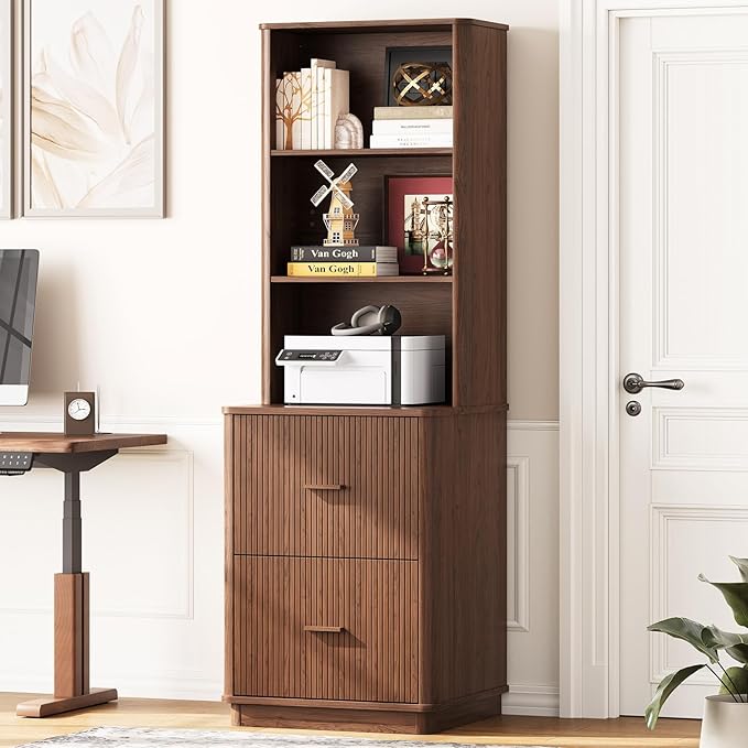 ONBRILL 71" Tall Fluted Bookcase with 2 File Drawers, Curved Design Display Bookshelf with Storage, Mid-Century Modern 3 Tier Bookcase with Sturdy Pedestal for Home Office, Living Room, Walnut
