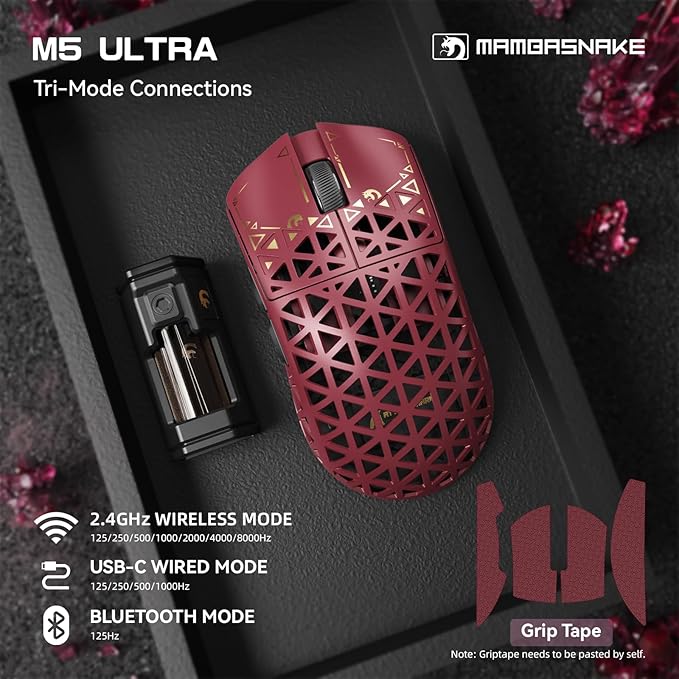 MAMBASNAKE M5 Ultra Carbon Fiber 8000Hz Wireless Gaming Mouse, 39g Superlight, 42000DPI, PAW3950MAX Sensor, Nordic 52840 MCU Chip, Bluetooth/2.4G/USB-C Wired Mice with Coiled Cable for PC/Mac (White)