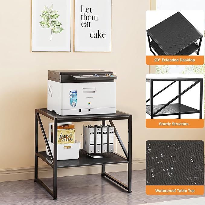 2-Tier Large Priner Stand with Storage Shelf, 20"×20" Under Desk Printer Table for Home Office Organization, End Table for Living Room, Heavy Duty Storage Rack for Scanner Fax Heat Press, Black