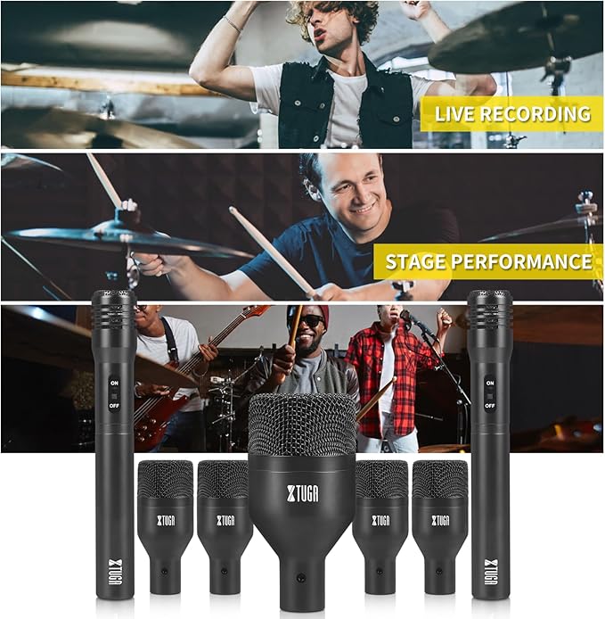XTUGA DI7 7-Piece Drum Microphone Kit – No XLR Cable Needed, Metal Kick/Bass Drum Mic, Tom/Snare & Cymbal Mics with Clips, for Stage Performances & Studio Recording
