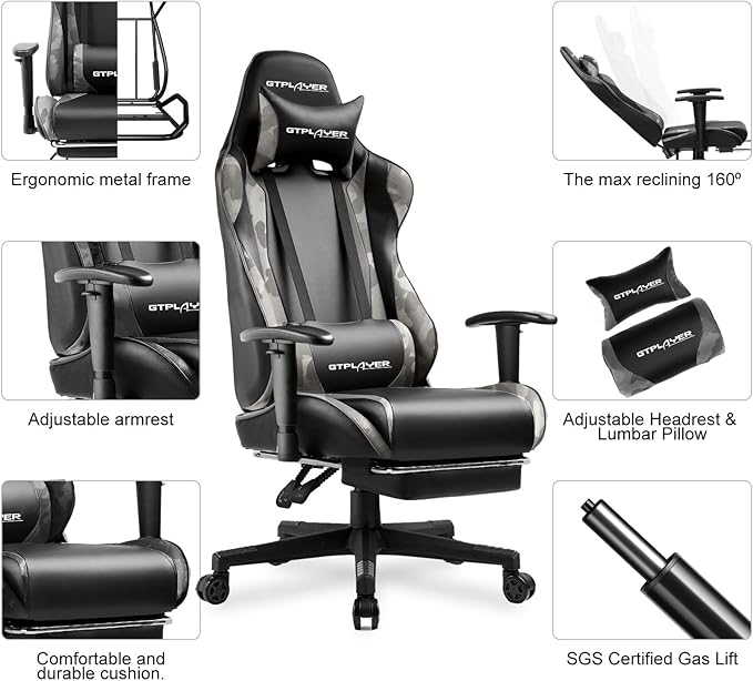 GTPLAYER Gaming Chair with Footrest, Ergonomic Computer Game Desk Chair, Reclining Gaming Chair Seat Height Adjustment, Swivel Rocker with Headrest and Lumbar (Camouflage)