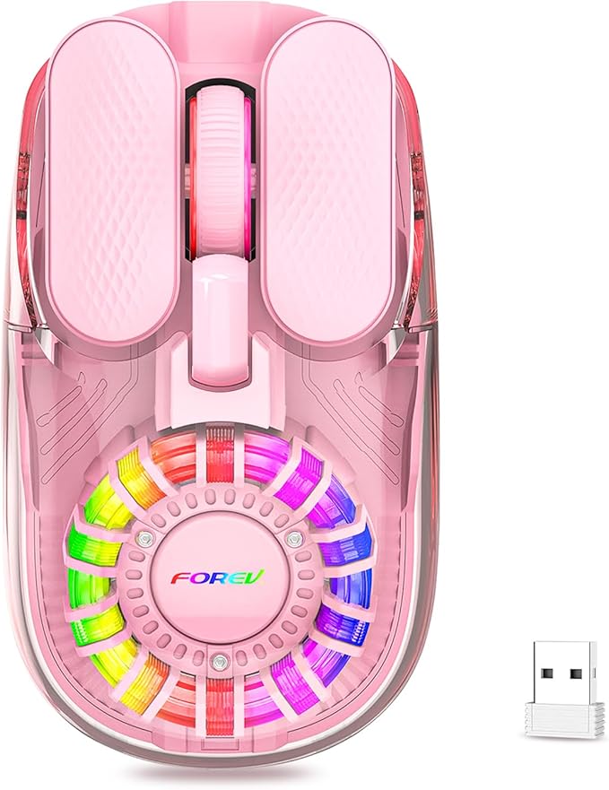 Wireless Bluetooth Mouse, Transparent BT+2.4G Dual-Mode Gaming Mouse with Magnetic Top Cover, Rechargeable RGB Backlit Computer Mouse for Laptop, PC, MacBook, iPad (Pink)
