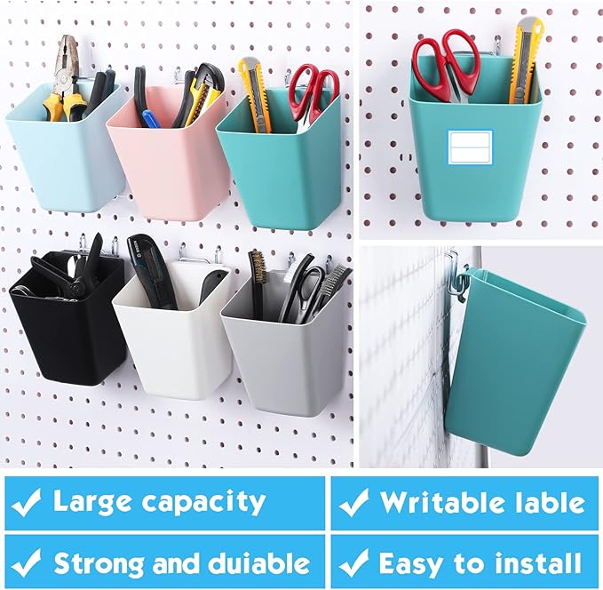Namalu 12 Pack Peg Board Storage Bins with Labels and Hooks Square Box Shape Pegboard Cup Holder Accessories Pegboard Organizer for Craft Room Wall holder Workbench(4.7 x 4 x 5 Inch, Colorful)
