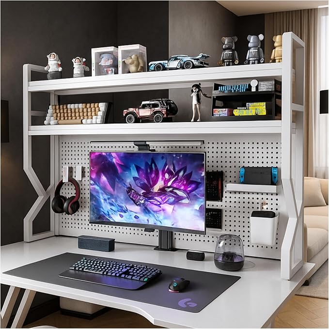 Desktop Hutch Bookshelf,Many Gifts,Metal Desktop Bookcase with pegboard, Desk Shelf, Countertop Storage Organizer Rack for Dorm or Office,Desktop Shelves (White, 29.5" Lx9.9 Wx39 H)